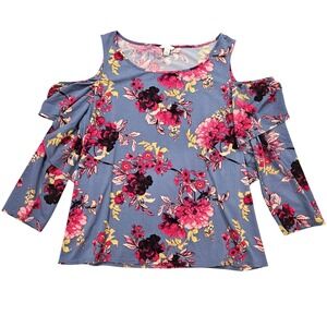 EST. 1946 Cato Womens Blue Floral Cold Shoulder Ruffle Sleeve Blouse Top Large